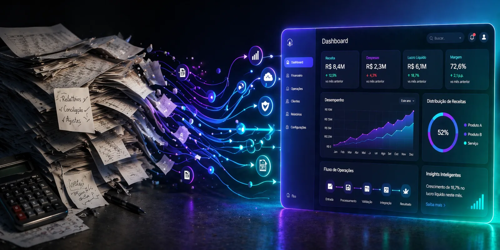 Pilha de papéis e planilhas sendo transformada em um dashboard digital moderno com métricas em tempo real